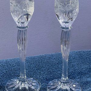 Cut Crystal Candlesticks Set of 2 stemmed embossed roses on top PO5927